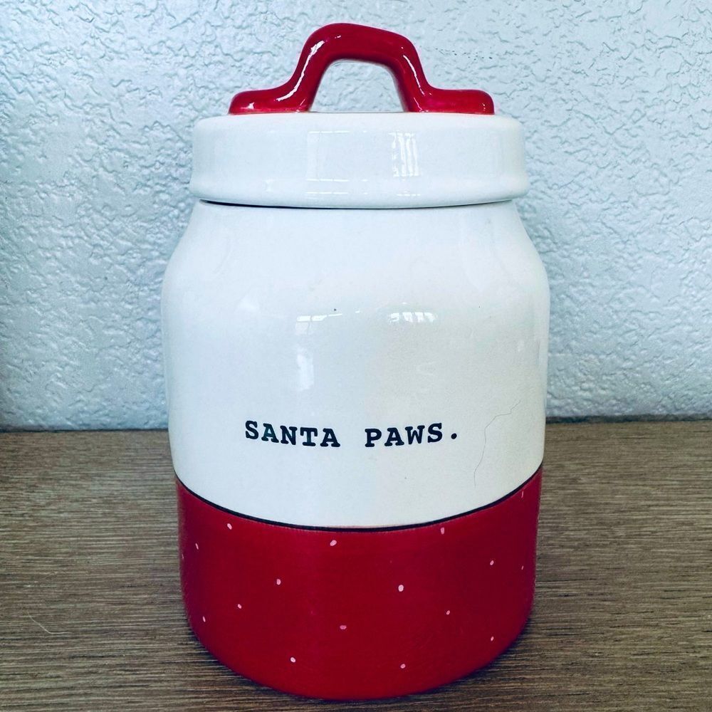 Rae Dunn Santa Paws Christmas Holiday Dog Pet Treat Ceramic Jar Canister